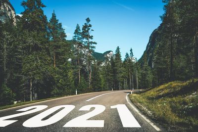 Road sign by trees in forest against sky