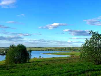 Scenic view of grassy field by lake against sky