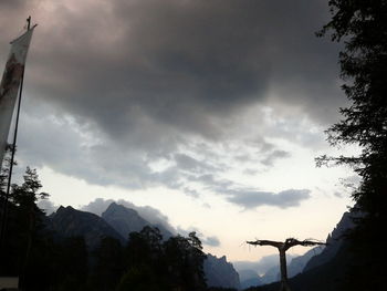 Low angle view of trees against cloudy sky