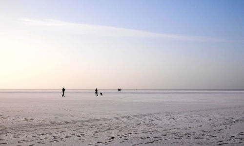 People on beach against sky during sunset