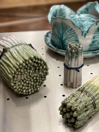 High angle view of vegetables in plate on table