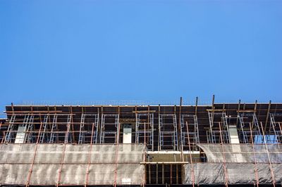 Low angle view of building against clear blue sky