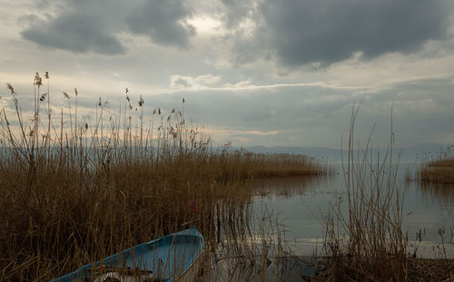 Scenic view of lake against sky at sunset