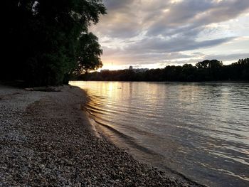 Scenic view of lake against sky during sunset