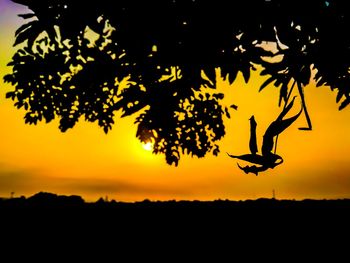 Silhouette of woman jumping on tree against sky during sunset