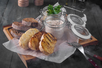 High angle view of breakfast served on table