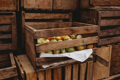 High angle view of fruits in crate