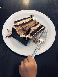 High angle view of cake in plate on table