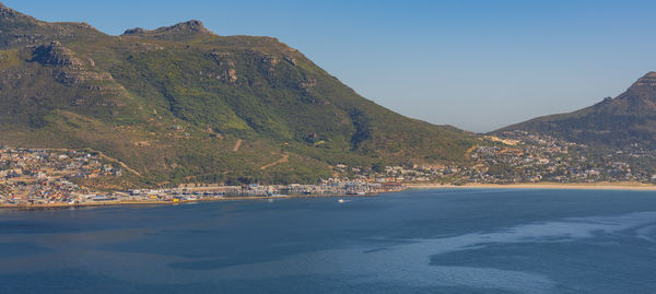 Scenic view of sea and mountains against clear sky