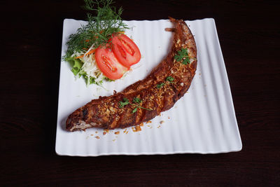 High angle view of food in plate on table