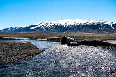 Scenic view of snowcapped mountains against clear blue sky