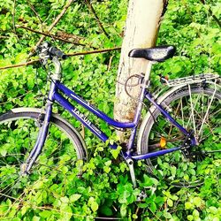 High angle view of bicycle parked on field