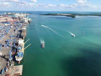 High angle view of harbor against sky