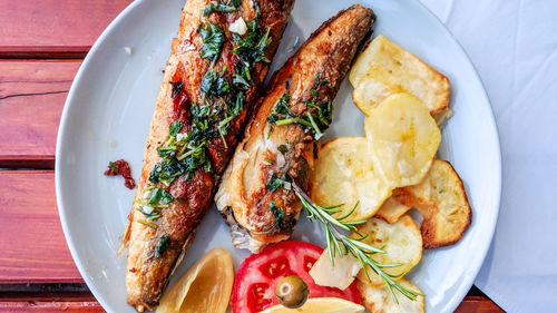 High angle view of breakfast served on table