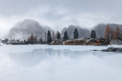 Scenic view of lake against sky during winter