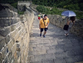 High angle view of people on great wall of china