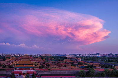 High angle view of townscape against sky during sunset