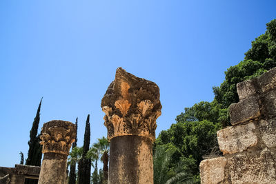 Low angle view of old temple against clear blue sky