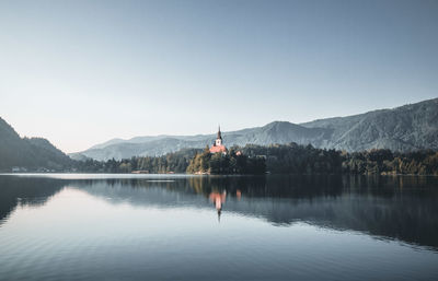 Scenic view of lake against clear sky