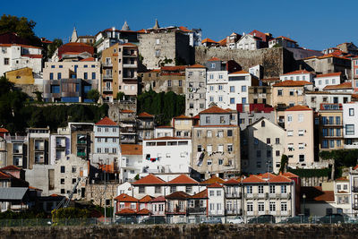 Buildings in city against clear sky