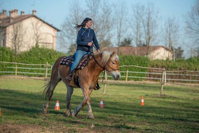 Man riding horse on field