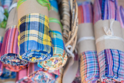 Close-up of multi colored textiles for sale in market