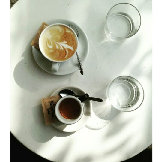 HIGH ANGLE VIEW OF COFFEE AND CUP OF TEA