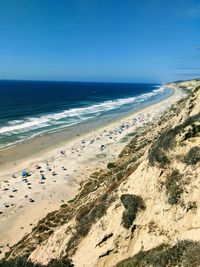 Scenic view of beach against clear blue sky