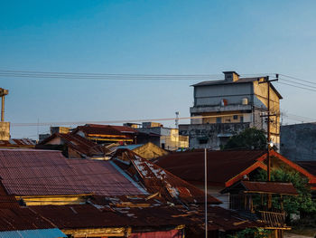 Aerial view of buildings against clear sky