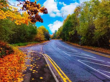 Road amidst trees against sky during autumn