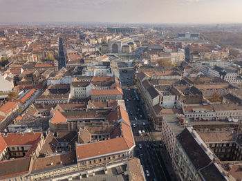 High angle view of illuminated buildings in city