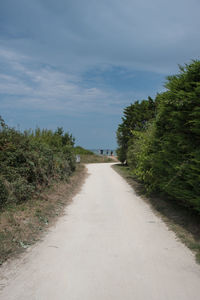 Empty road amidst trees against sky