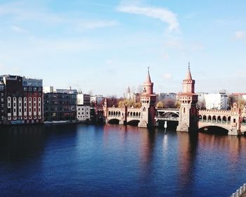 View of buildings by river against cloudy sky