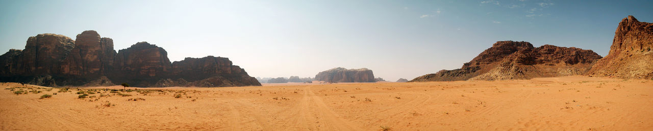 Panoramic view of arid landscape against clear sky