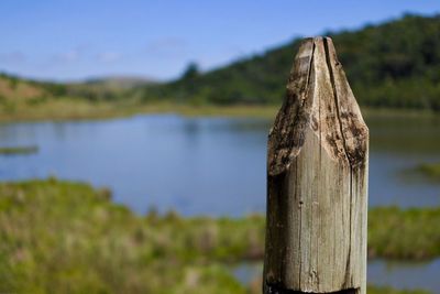 Close-up of wood against lake