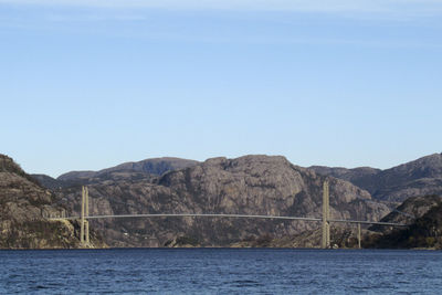 Scenic view of sea and mountains against clear sky