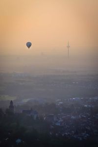 View of hot air balloon at sunset