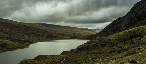 Panoramic view of lake and mountains against sky