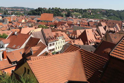 High angle view of houses against sky