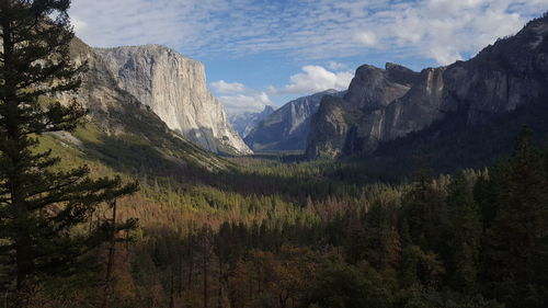 Scenic view of mountains against cloudy sky