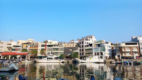 Buildings in city against clear blue sky