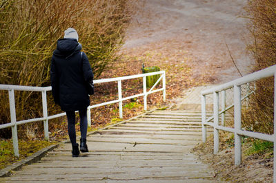 Rear view of woman walking on footbridge by dried plants during winter