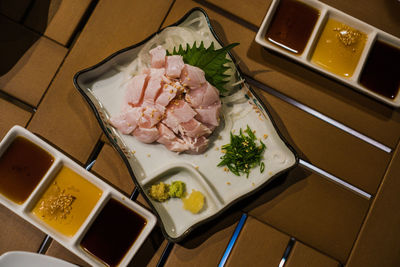 High angle view of food in plate on table