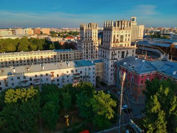 High angle view of buildings against sky in city