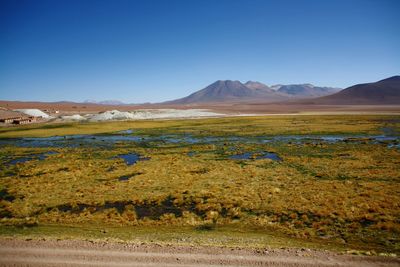 Scenic view of mountains against blue sky