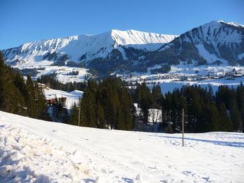 Scenic view of snowcapped mountains against sky