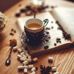 High angle view of coffee cup on table