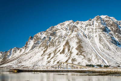 Scenic view of snowcapped mountains against clear blue sky