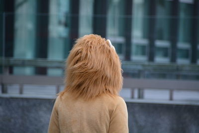 Rear view of person in lion costume against building