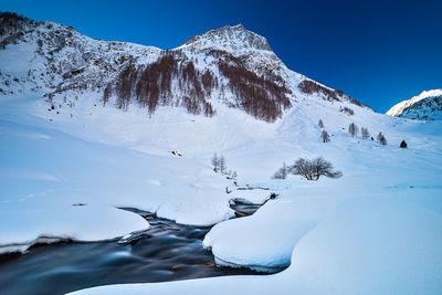 Small creak against the snowy mountains